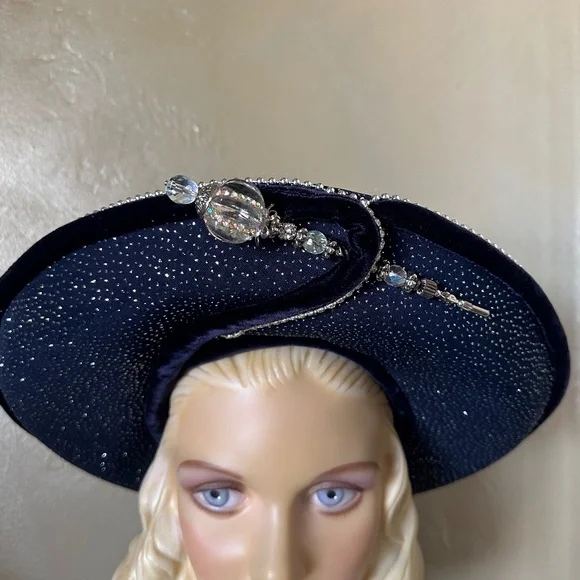 ENCHANTING 1970s' NAVY WIDE BRIM FELT HAT + PEARLS/BEADS/GLITTER & LARGE JEWEL
